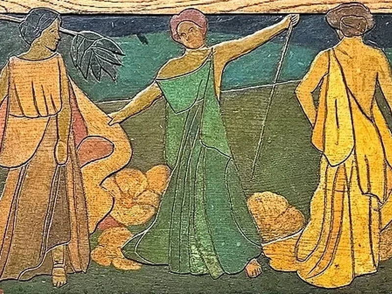 1870-Lucia Kleinhans Mathews - Pannello decorato su un baule nuziale in quercia